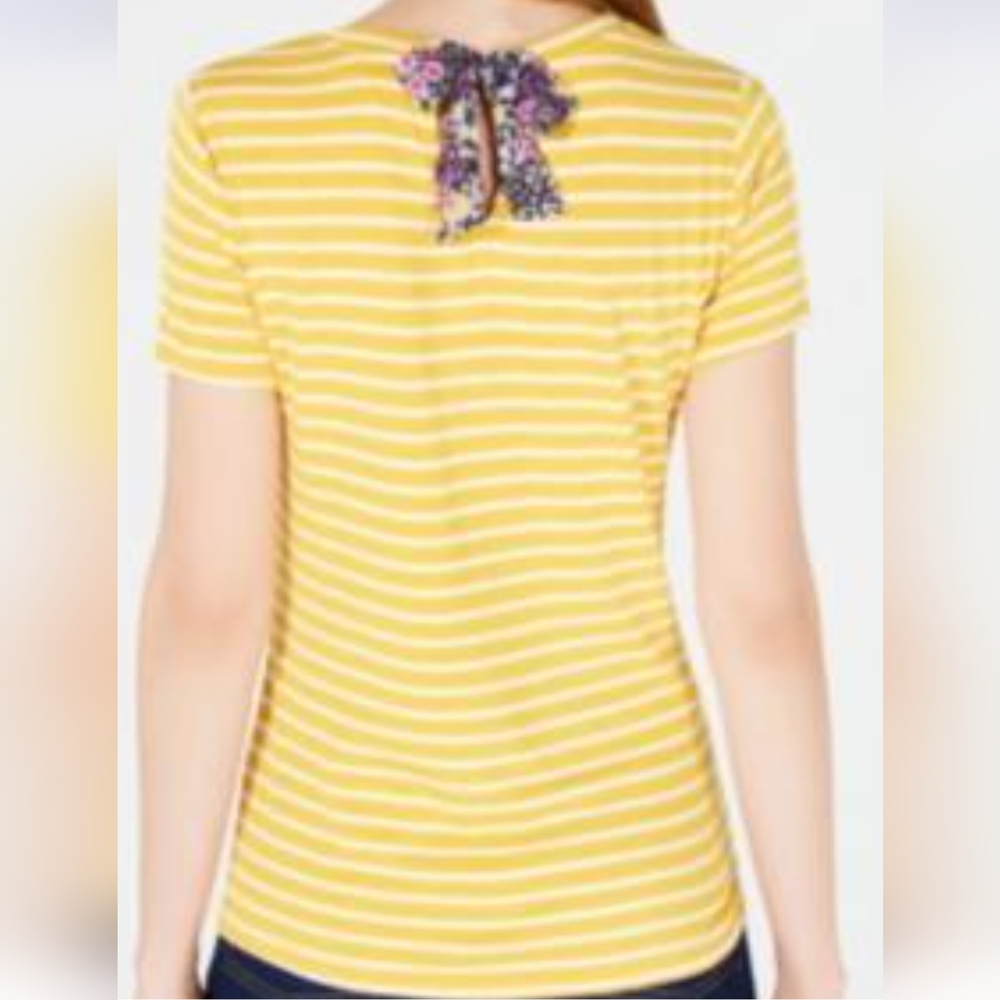 NWT MAISON JULES GOLD STRIPED SHORT SLEEVE TIE NECK TOP